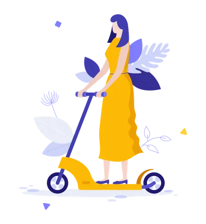 Woman riding kick scooter  Illustration