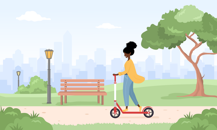 Woman riding kick scooter  Illustration