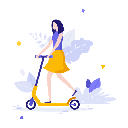 Woman riding kick scooter  Illustration