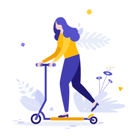 Woman riding kick scooter  Illustration