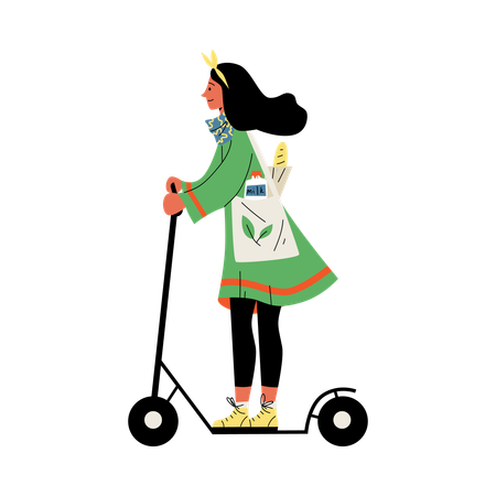 Woman riding kick scooter in city  Illustration