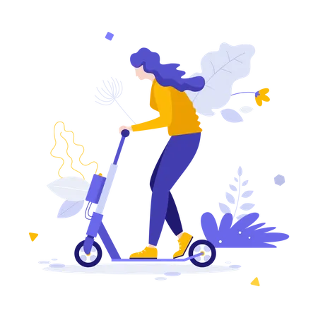 Woman riding motorized kick scooter Illustration