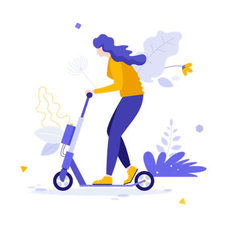 Woman riding motorized kick scooter  Illustration