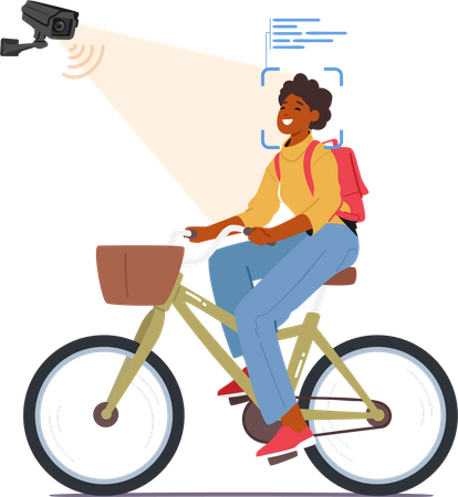 Woman Riding On Bicycle and Face Recognition System  Illustration