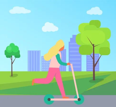 Woman Riding on Scooter in City Park  Illustration