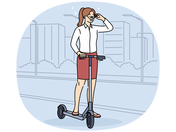 Woman riding on scooter on road  Illustration