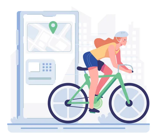 Woman riding rental bike Illustration