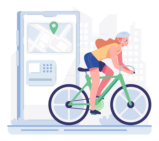 Woman riding rental bike  Illustration