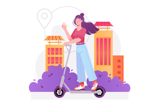 Woman riding scooter  Illustration