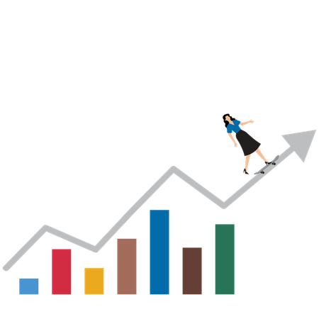 Woman riding skateboard in direction of upward arrow progress achieving business success  Illustration