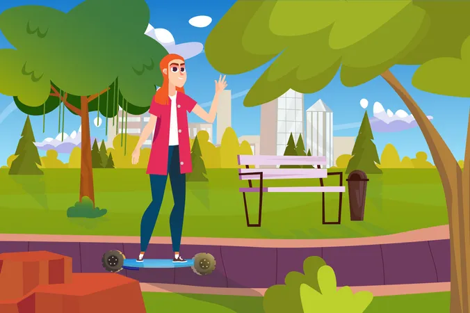 Woman riding skateboard in park  Illustration