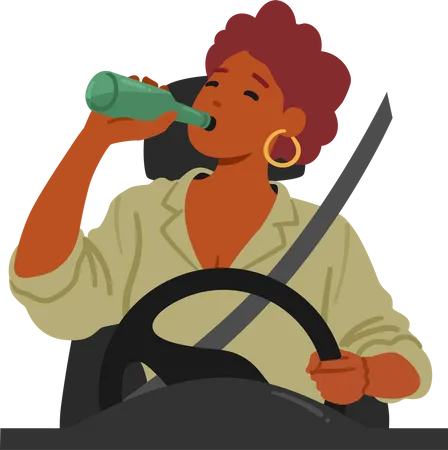 Woman Risking Lives By Drinking Alcohol While Driving  Illustration