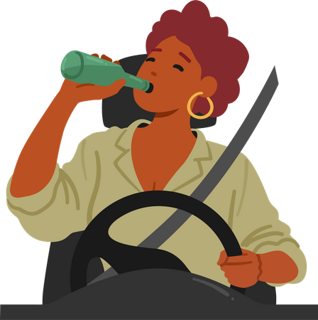 Woman Risking Lives By Drinking Alcohol While Driving  Illustration