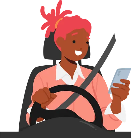 Woman Risks Her Safety And Talking On Her Mobile Phone While Driving  Illustration