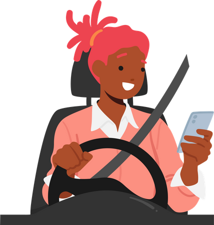 Woman Risks Her Safety And Talking On Her Mobile Phone While Driving  Illustration