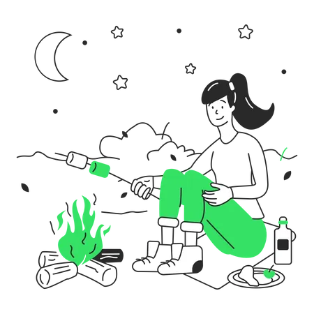Woman roasting marshmallows on a stick by the fire  イラスト