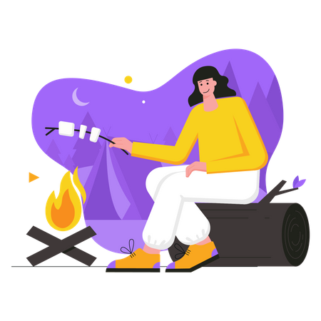 Woman roasting marshmallows on campfire Illustration