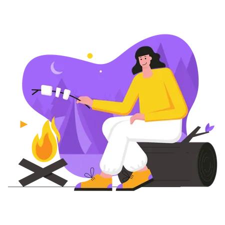 Woman roasting marshmallows on campfire Illustration