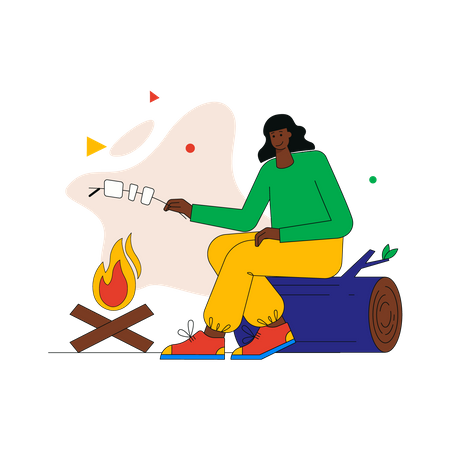 Woman roasting marshmallows on campfire  Illustration