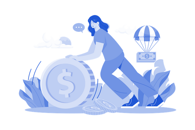 Woman Rolls A Large Coin  Illustration
