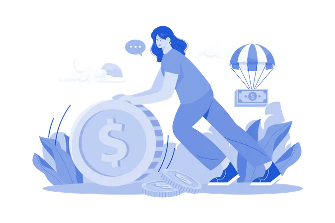 Woman Rolls A Large Coin Illustration