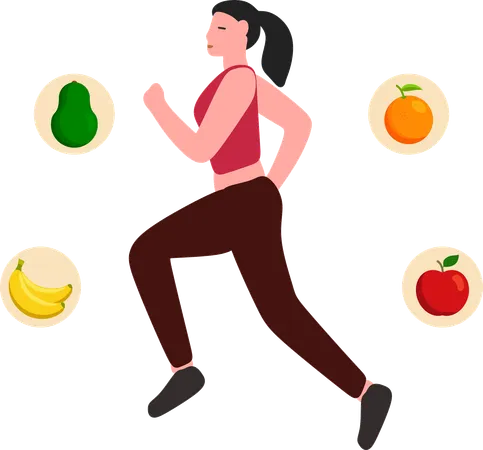 Woman running along with healthy diet  Illustration