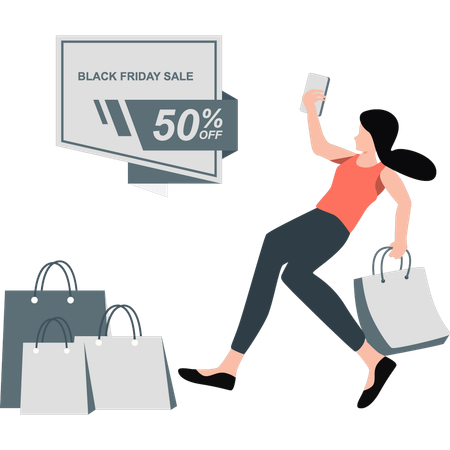 Woman running away and shopping so that reward does not end  Illustration