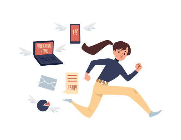 Woman running away from breaking news Illustration