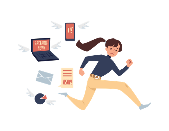 Woman running away from breaking news  Illustration