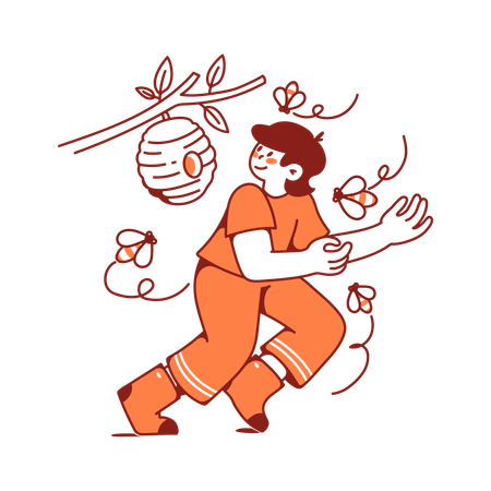 Woman running away from hive of bees  Illustration