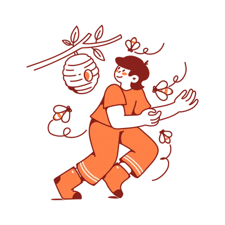 Woman running away from hive of bees  Illustration