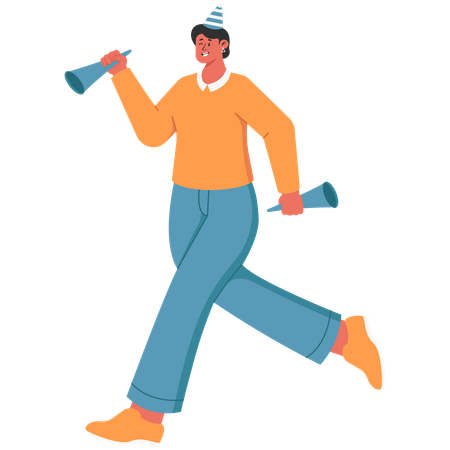 Woman running carrying a new year trumpet  Illustration