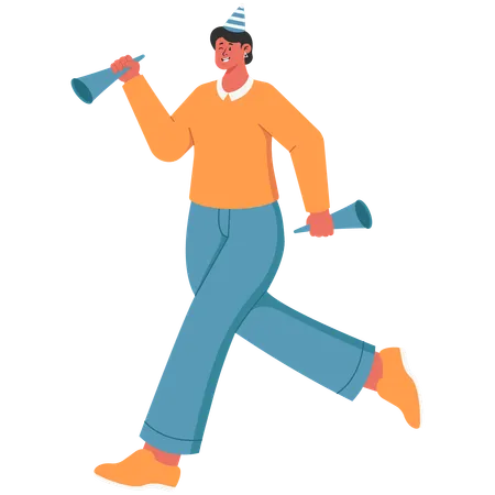 Woman running carrying a new year trumpet  Illustration