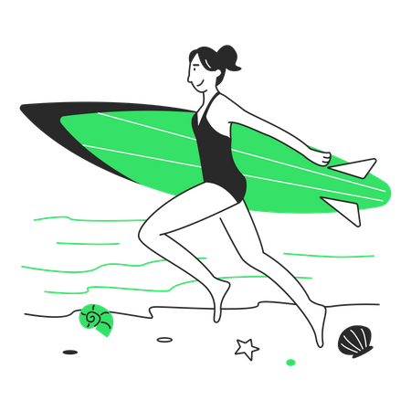 Woman running down the beach with a surfboard Illustration