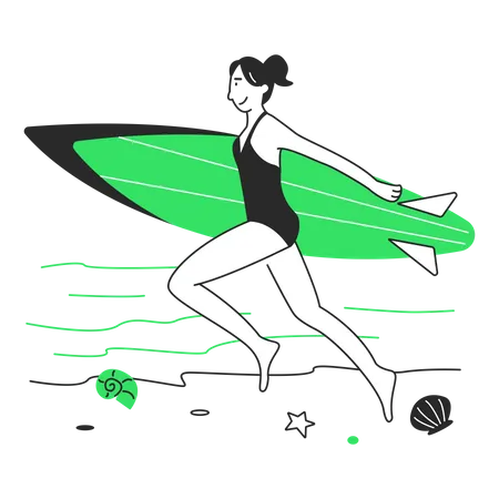 Woman running down the beach with a surfboard  Illustration