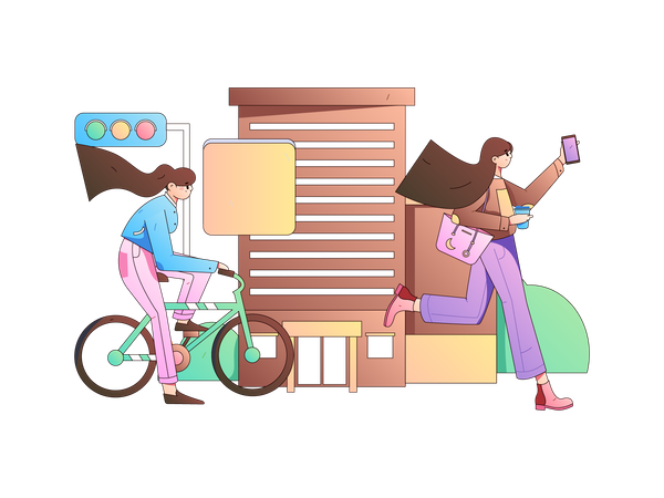 Woman running for car while girl going by cycle  Illustration