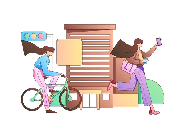 Woman running for car while girl going by cycle  Illustration