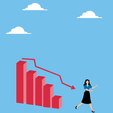 Woman running from falling graph  Illustration