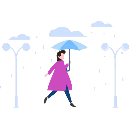 Woman running in rain with umbrella Illustration