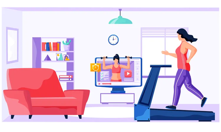 Woman running on electric treadmill at home  Illustration