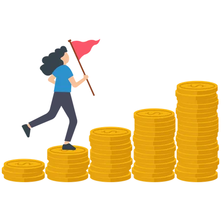 Woman running on money stack and achieving financial success Illustration