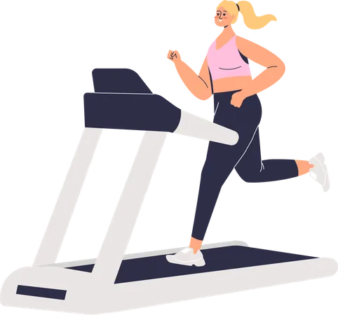 Woman Running On Treadmill Cartoon Female Character Training Jogging Sport Fitness And Workout Concept Young Sporty Girl Exercising Flat Vector Illustration Illustration