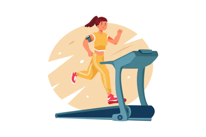 Woman running on treadmill at home  Illustration