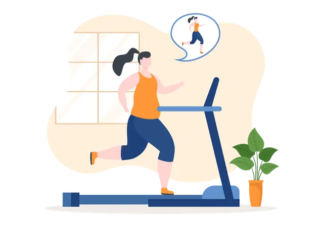 Woman running on treadmill for streamline body  Illustration