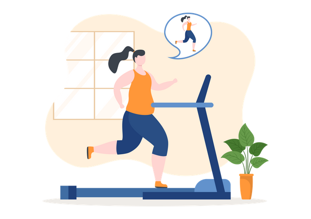 Woman running on treadmill for streamline body  Illustration