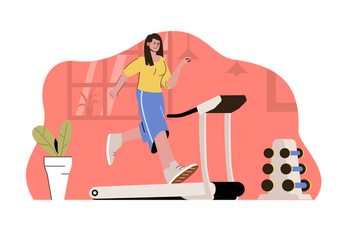 Woman running on treadmill in gym  Illustration