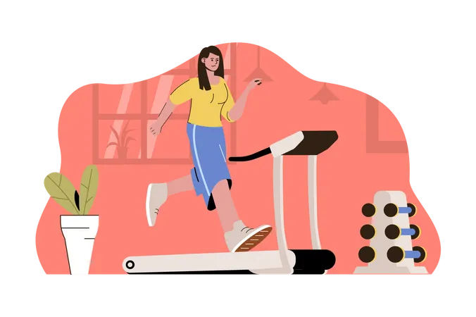 Woman running on treadmill in gym Illustration