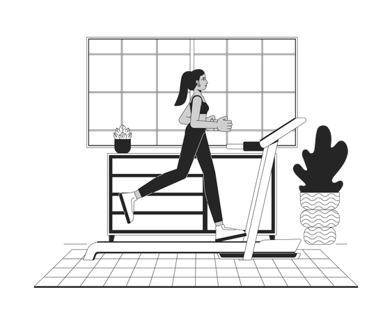 Woman running on treadmill in home gym  Illustration