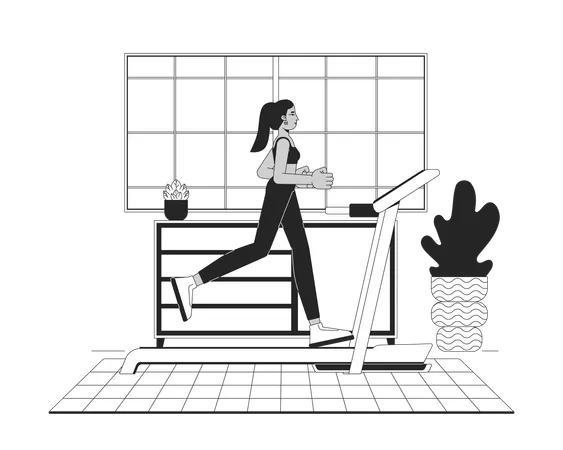 Woman running on treadmill in home gym  Illustration