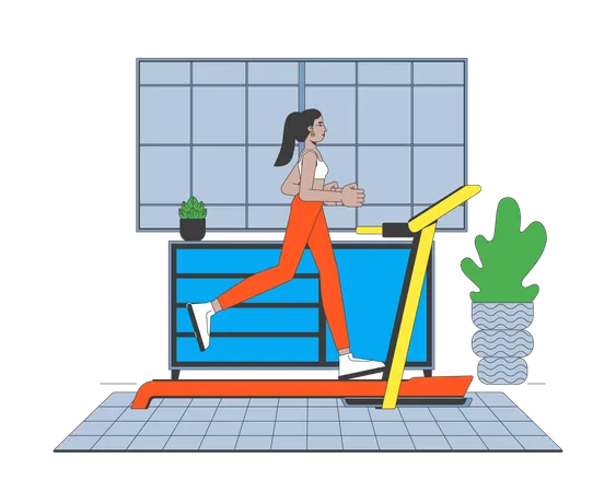 Woman running on treadmill in home gym  Illustration